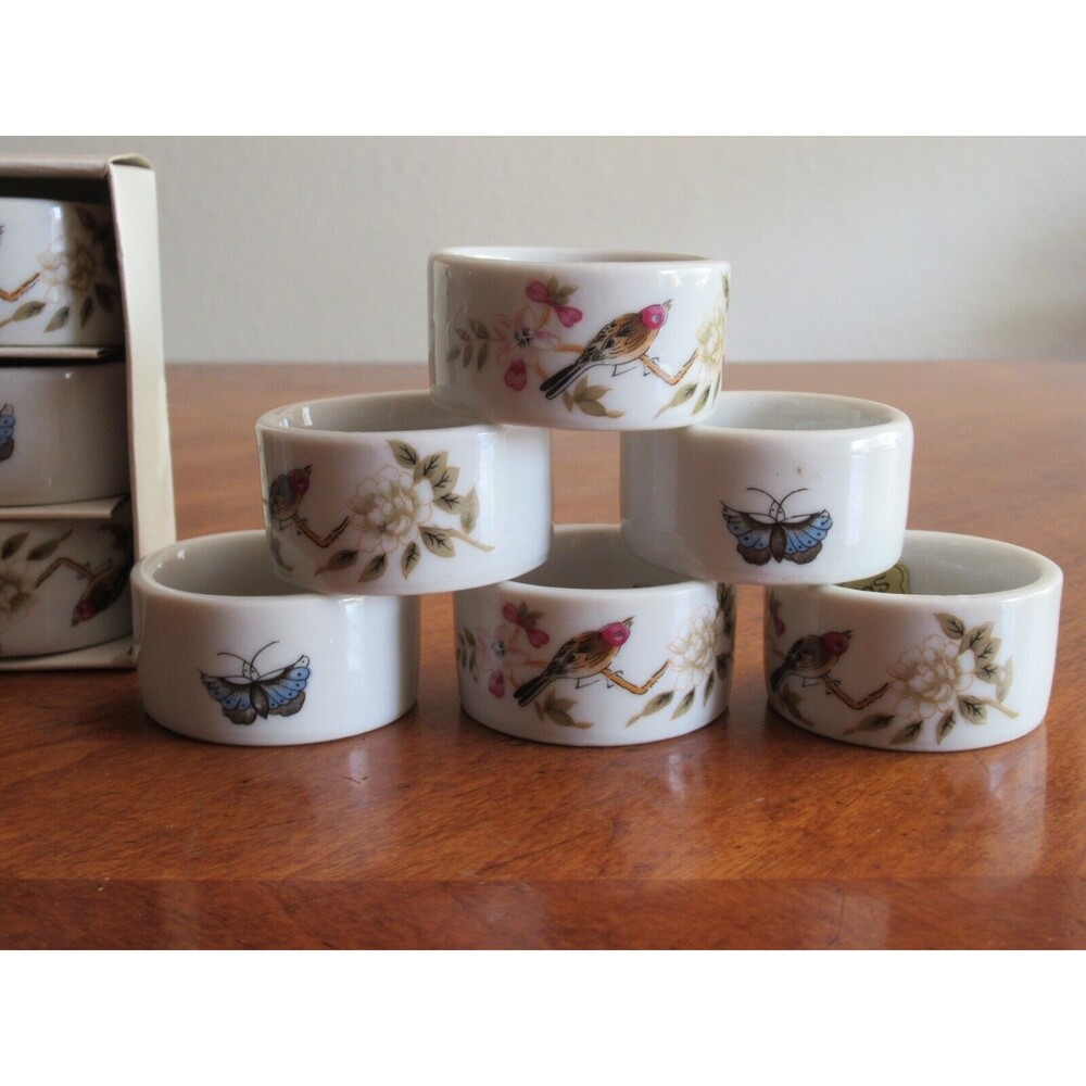 12x Shafford Chinese Garden Napkin Rings Fine China Bird Flower Butterfly Japan - Picture 2 of 11